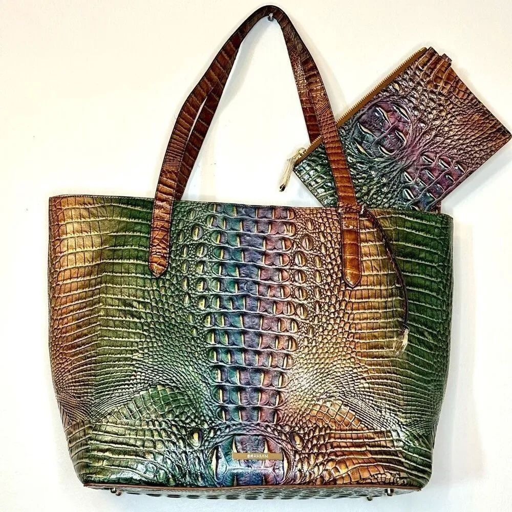 NWT Brahmin Croc Embossed Leather Brown Green Pouch And Tote Bag